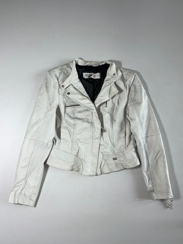 Freaky Nation Women's White Genuine Leather Cropped Biker Jacket (S)