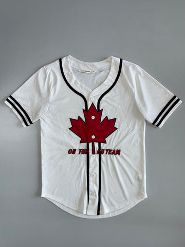 On The Eh Team” Canada Maple Leaf Baseball Jersey | White & Red (M)