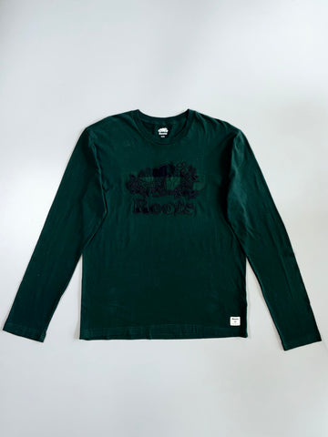 Roots Canada Established 1973 Tonal Plaid Beaver Logo Embroidered Forest Green Cotton Long Sleeve T-Shirt (M/L)