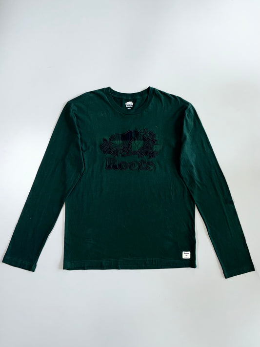 Roots Canada Established 1973 Tonal Plaid Beaver Logo Embroidered Forest Green Cotton Long Sleeve T-Shirt (M/L)