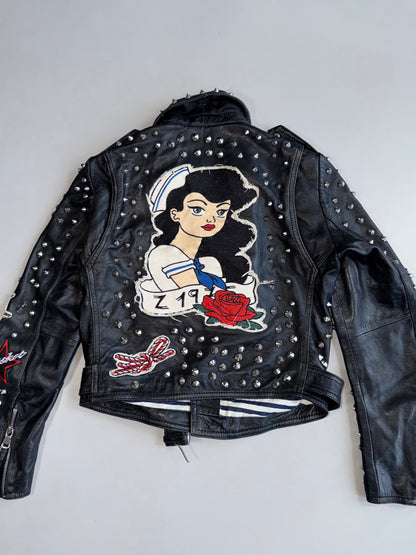 ZVintage Zara Studded Leather  Jacket Nautical Sailor Pin-Up Patches (XS)
