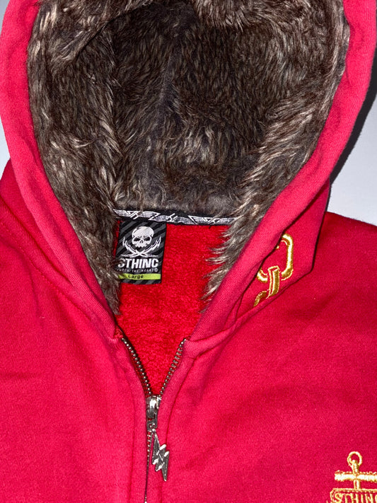 STHINC Faux Fur Lined Chain Embroidered Zip Hoodie Red (L)