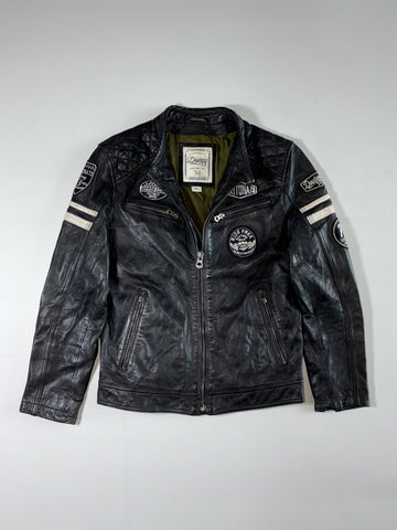 Daytona 73 Black Leather Café Racer Jacket – Quilted Shoulders & Moto Patches (S)
