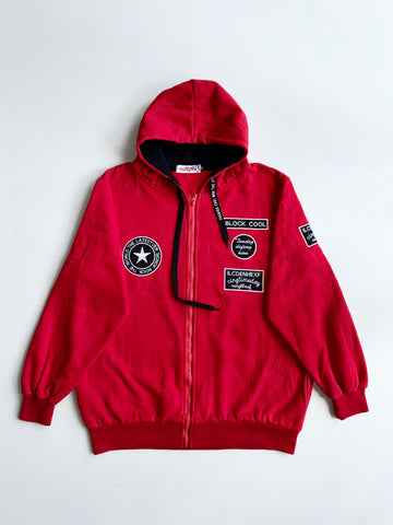 Big&Big Red Patch Zip Hoodie – Y2K Streetwear Badges |(XL)