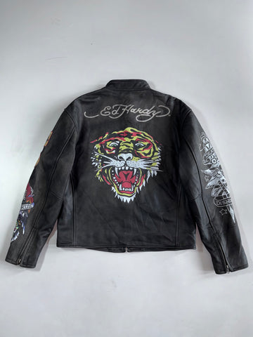 Ed Hardy by Christian Audigier | Tiger Tattoo-Print Pure Leather Café Racer Biker Jacket (M)
