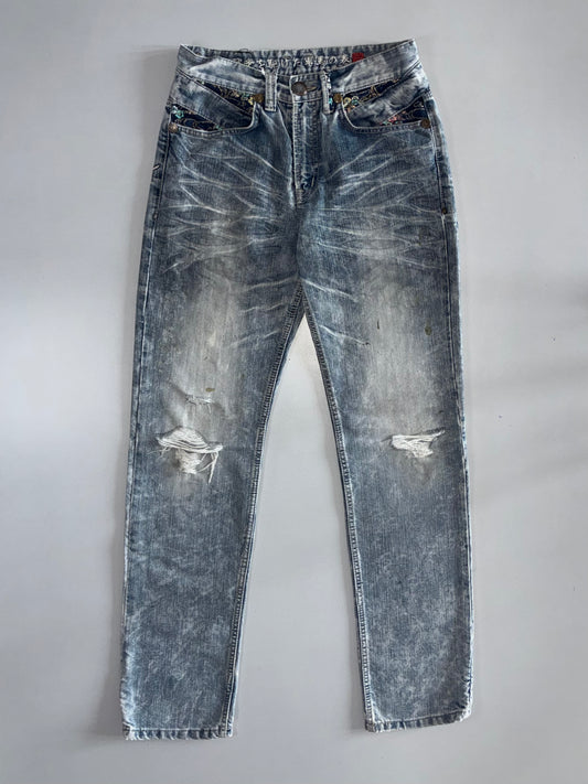 Japanese Vintage | Samurai Embroidered Distressed Jeans | Grey Wash (W:28|L:43)