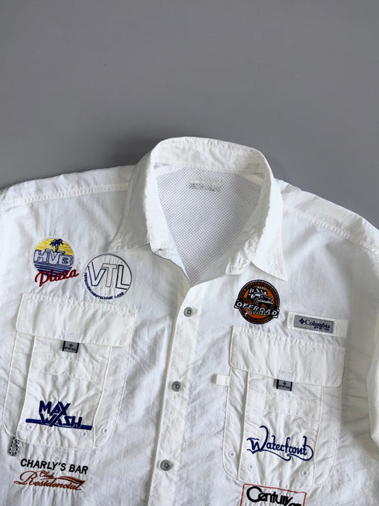 Columbia PFG Multi Sponsor Fishing Shirt Off-Road Racing Patches, Waterfront Century 21 Graphics (XL/2XL)