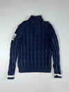 Y2K Tommy Hilfiger Navy Cable Knit Quarter Zip Sweater – Tipped Collar & Crest Patch – (M)