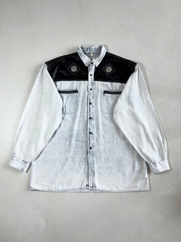 Vintage Arizona Jeans Acid Wash Leather Yoke Denim Shirt (2XL)