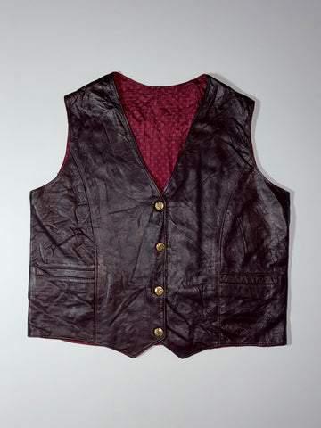 Vintage Genuine Leather Button-Up Vest – Burgundy Lining (M)