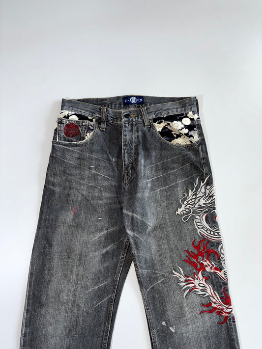 Dragon Embroidered Grey Wash Denim Pant (W:28|L:42)