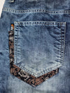 Japanese Oni Leather-Patch Brocade Panel Jeans embroidered (W:42) (L:44.5)