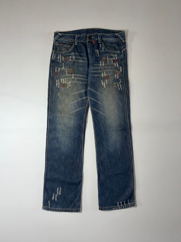 Y2K Japanese Style Distressed Sashiko Stitch Denim Jeans (W:36) (L:43)