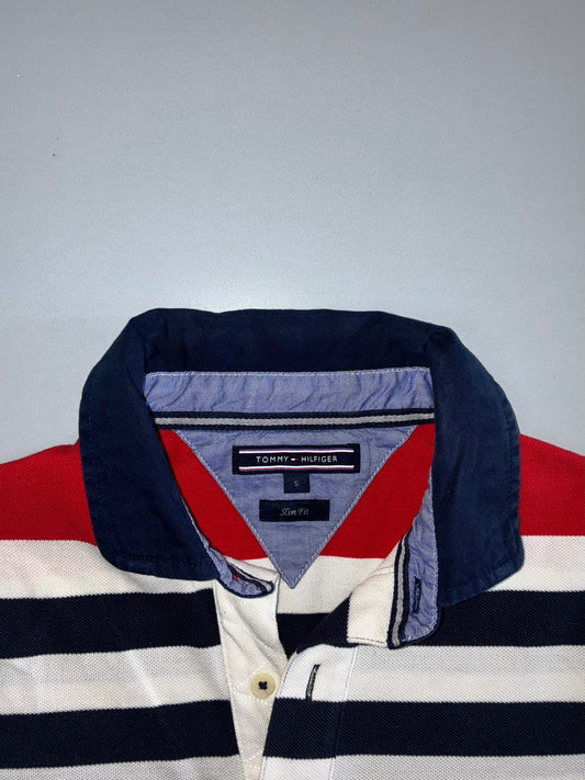 Tommy Hilfiger Slim Fit Colorblock Stripe Rugby Polo Shirt  Navy/White/Red (S/M)