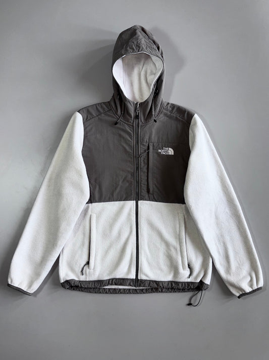 The North Face Denali Fleece Jacket White Grey Polartec Recycled Hooded (M)