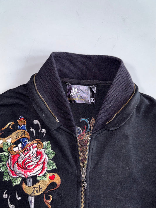 LA Ink Knightsbridge Rose Dagger Embroidered Black Zip-Up Track Jacket With Detachable Cap (S)