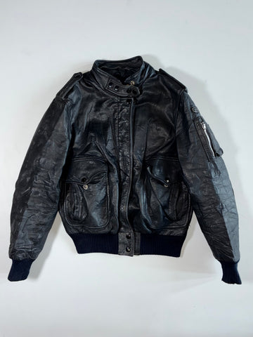Distressed Black Leather Multi-Pocket Flight Bomber Jacket (S)