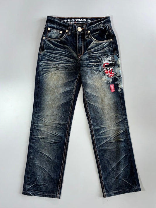 Big Train Japanese Denim “Kabuki Mask” Embroidered Jeans (W:26 |L:38)
