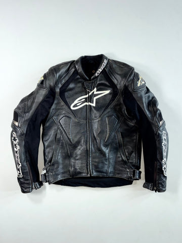 Alpinestars Black Leather Motorcycle Racing Jacket PADDED Shoulder Sliders (S)