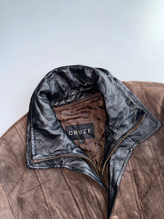 Cruze Brown Pure Leather Jacket (Black Leather Collar) (L)