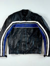 X-Tech Black, Blue & White Striped Leather Motorcycle Racing Jacket Padded (L)