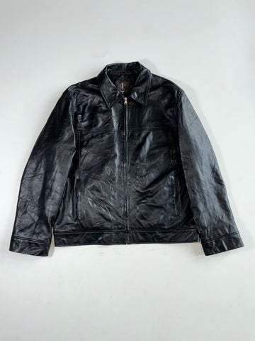 Vintage Conbipel Black Leather Collared Zip-Up Jacket (2XL)