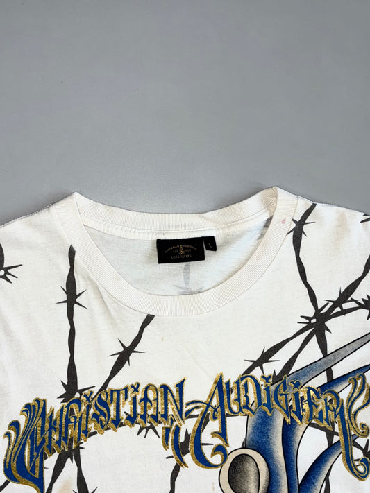 Vintage Christian Audigier Est. 1958 Barbed Wire Rose Rhinestone Graphic Tee (M)