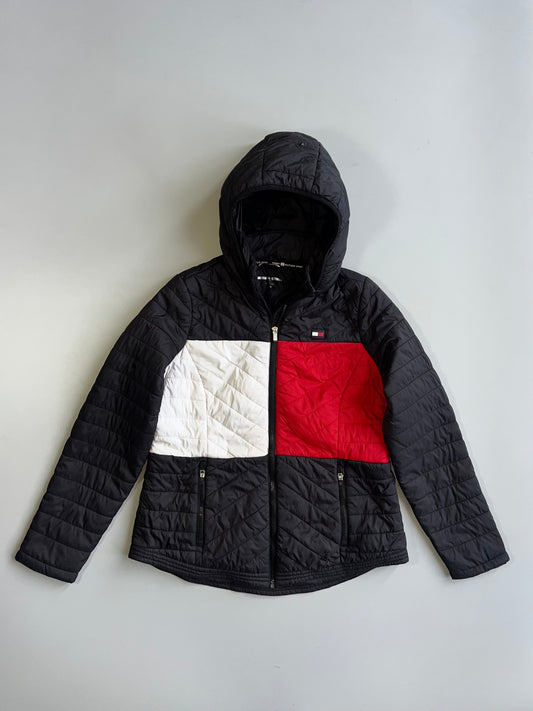 Tommy Hilfiger Sport Flag Colorblock Quilted Hooded Puffer Jacket Black Women (M)