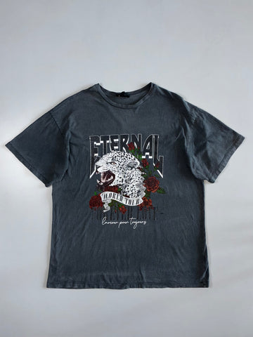New Look “Eternal World Tour” Leopard Rose Graphic Acid Wash Oversized T-Shirt Grey (XL)