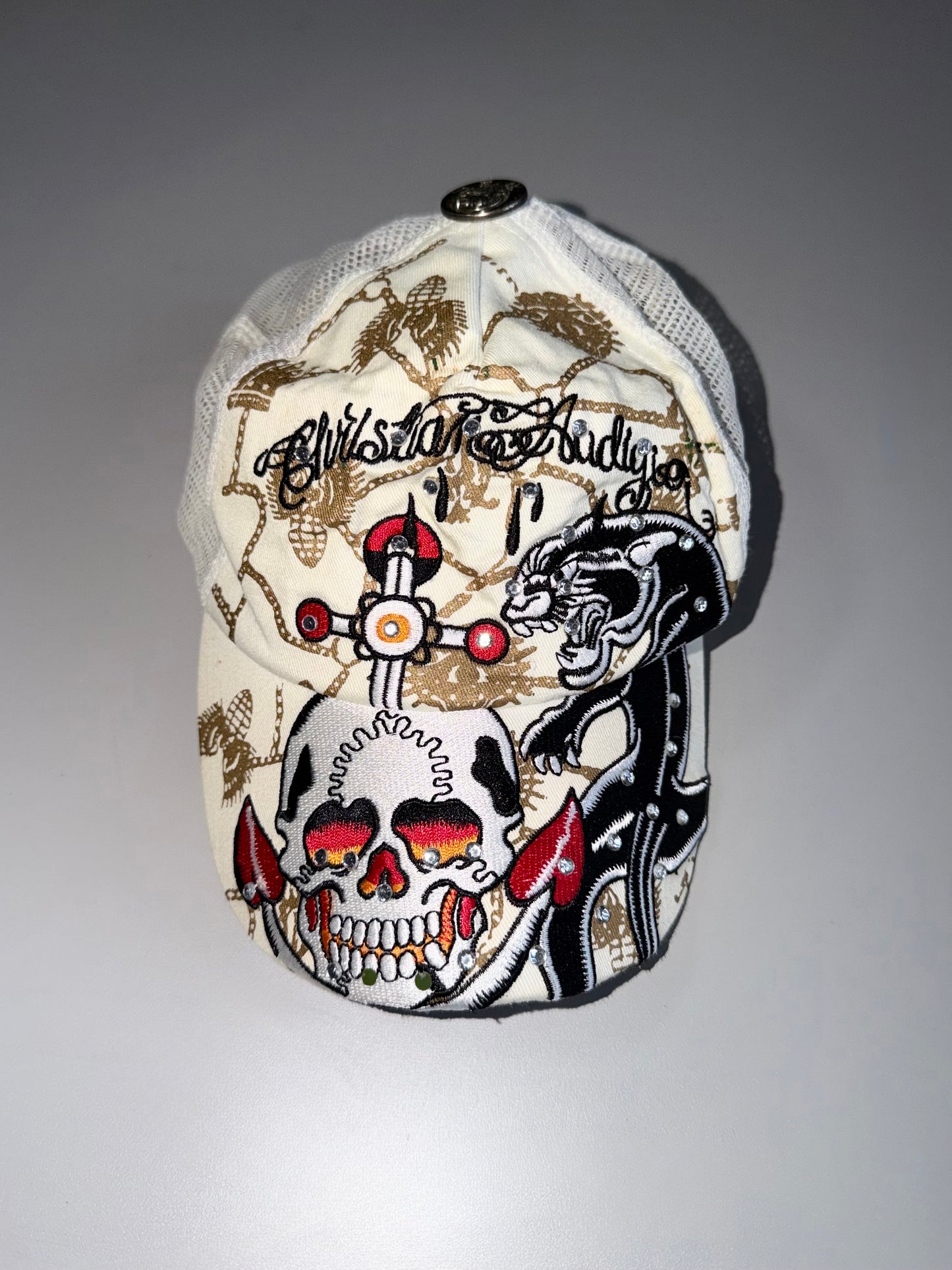 ZAuthentic Ed Hardy Skull & Panther Rhinestone Trucker Cap (Adjustable Fit)