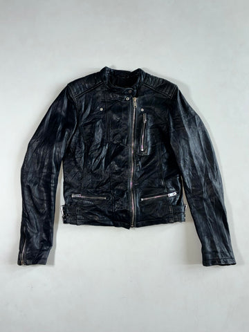 Zara Basic Women’s Black Leather Biker Jacket – Quilted Shoulders, Buckle Hem (XS)