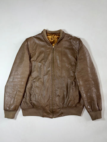 Vintage Brown Leather Bomber Jacket With Ribbed Collar (XL)