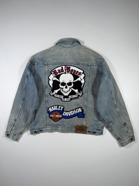 Vintage 90s Harley-Davidson “Biker Blues” Denim Trucker Jacket – Wool Lined, Patched (XL/2XL)