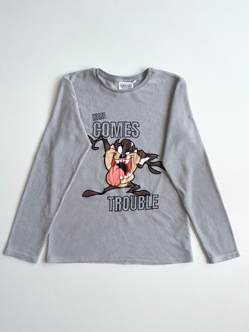 Looney Tunes Taz "Here Comes Trouble" Grey Fleece Sweatshirt (XS)