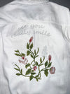 White Denim Jacket Floral Embroidered Sleeves Oversized Trucker Jacket Size (S)