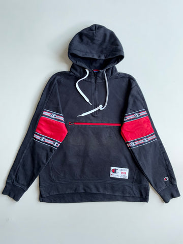 Champion Black & Red Half Zip Hoodie – Taped Sleeves – 1919 Patch – (S/M)