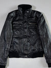 Vintage Black Leather Bomber Jacket — Ribbed Collar/Cuff Zip-Up (S/M)