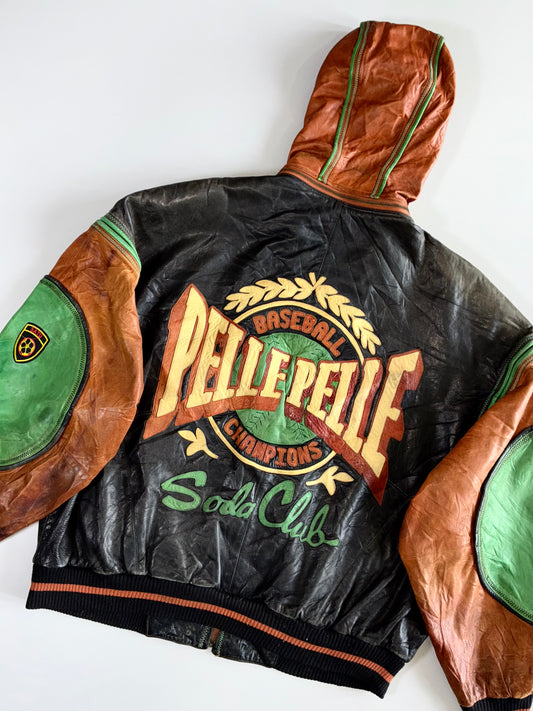 Pelle Pelle Marc Buchanan Baseball Soda Club Champions Leather Hooded Varsity Bomber (Detechable Arms & Hood)(XL)