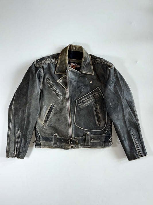 Vintage ASHG  Grey Leather Double Rider Biker Jacket (L)