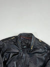 Vintage Black Leather Café Racer Bomber with Zip Collar, Shoulder Zips & Navy Rib Knit, Made in Korea (S)