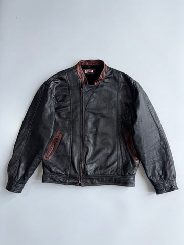 Batani Sports Black Leather Jacket (Brown Collar/Pocket (L/XL)