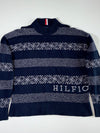Tommy Hilfiger Navy Jacquard Knit Mock Neck Sweater – Spellout "HILFIGER" – (2XL)