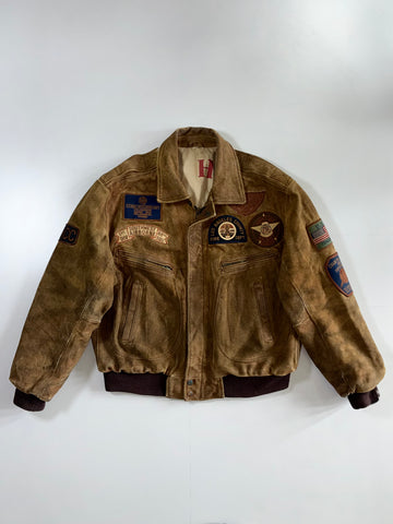 Vintage Americana Multi-Patch Suede Heavy Bomber Jacket (M)