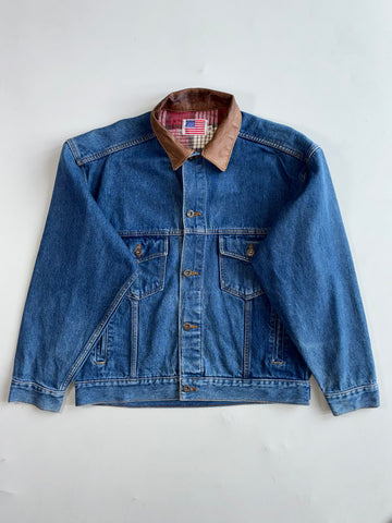 Vintage Leather Collar Denim Trucker Jacket (L)