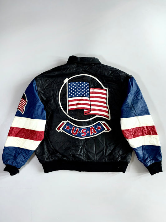 Vintage U.S. Authentics by Michael Hoban Genuine Leather USA Flag Bomber Jacket (M)