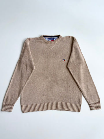 Vintage 90s Tommy Hilfiger Tan Cotton Knit Crewneck Sweater – Made in Hong Kong (M)
