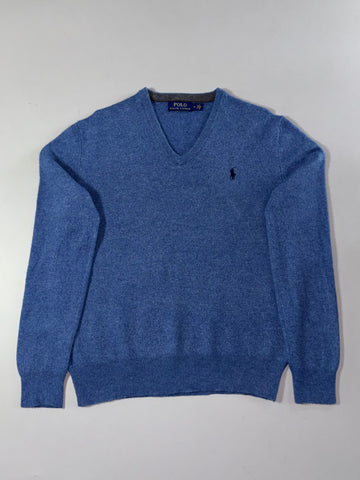 Polo Ralph Lauren Heather Blue V-Neck Sweater with Contrast Neck Tape (S)