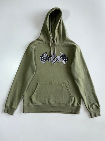Vintage Batman Bandana-Print Logo Hoodie Olive Green, DC Comics ’17, (M)