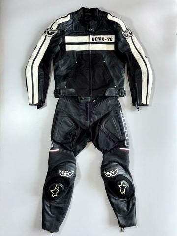 Berik-70 Racing Pure Leather Motorcycle Suit 2 Piece Set Plus Alpinestars sliders (Leather Jacket Size :S) (Biker Pant :W:28 |L:36)