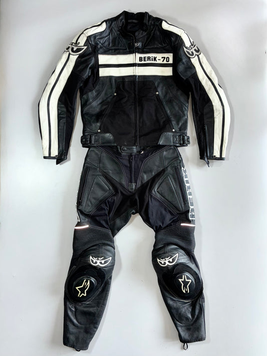 Berik-70 Racing Pure Leather Motorcycle Suit 2 Piece Set Plus Alpinestars sliders (Leather Jacket Size :S) (Biker Pant :W:28 |L:36)